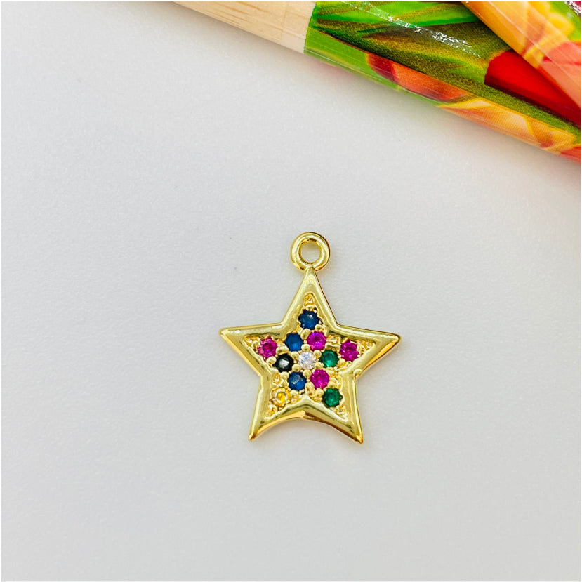 FO873 Colgante Estrella con Circones Mix Colores 12 mm Figura Baño Oro Figuras Bañadas en Oro y Plata hecho de Bronce Bañado en Oro 18K Joyas Bañadas en Oro