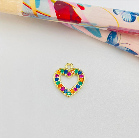 FO890 Colgante Corazón Calado con circones Multicolor 12 mm Figura Baño Oro Figuras Bañadas en Oro y Plata hecho de Bronce Bañado en Oro 18K Joyas Bañadas en Oro