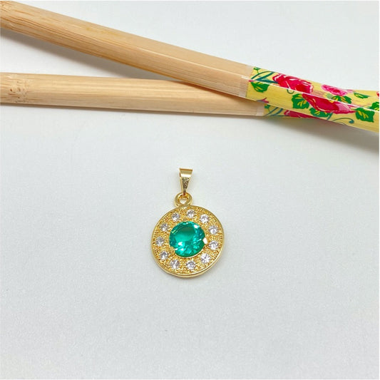 FO943 Colgante Circón Central verde turmalina y borde con circones cristal Diá. 17 mm Figura Baño Oro Figuras Bañadas hecho de Bronce Bañado en Oro 18K Joyas Bañadas en Oro