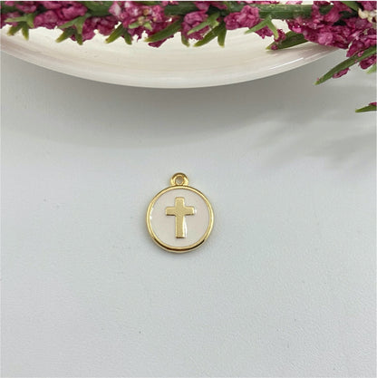 FO973 Colgante Medalla Cruz en relieve resina color 10 mm más argollita Figura Baño Oro Figuras Bañadas hecho de Bronce Bañado en Oro 18K Joyas Bañadas en Oro FO973-Hueso