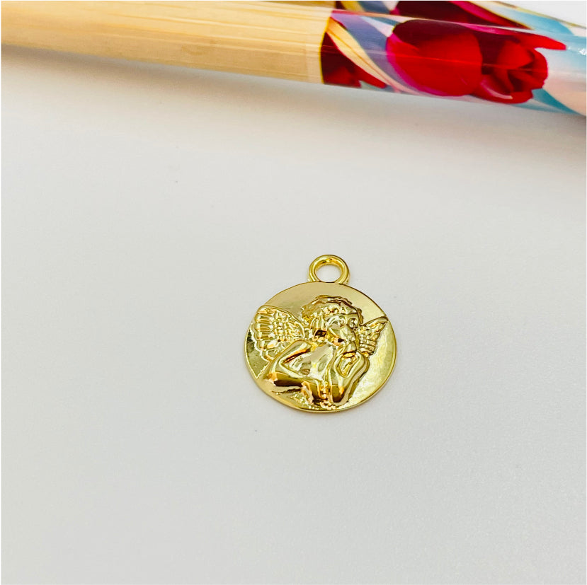 FO986 Colgante Medalla con Ángel en relieve 15 mm más argollita Figura Baño Oro Figuras Bañadas hecho de Bronce Bañado en Oro 18K Joyas Bañadas en Oro