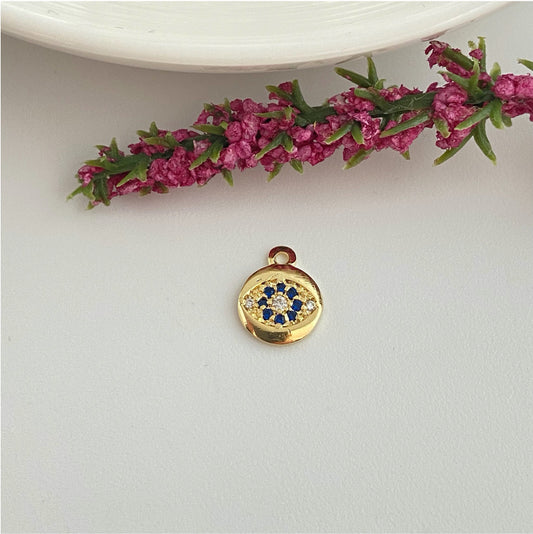 FO987 Colgante Mini Medalla Ojo Circones cristal y azules Diá. 7 mm más argollita Figura Baño Oro Figuras Bañadas hecho de Bronce Bañado en Oro 18K Joyas Bañadas en Oro