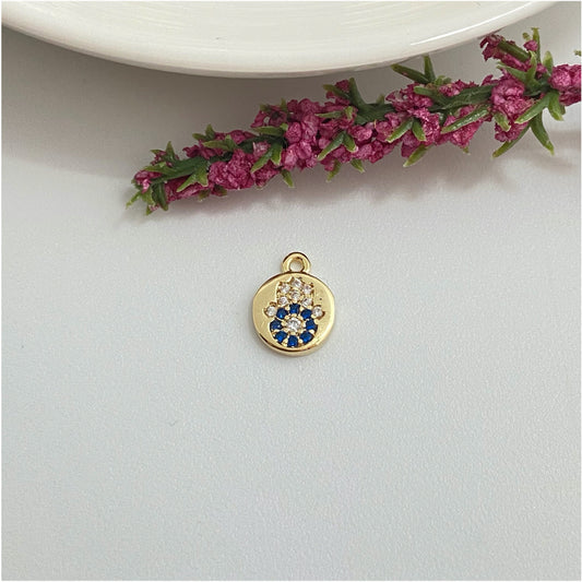 FO989 Colgante Mini Medalla con Mano Fátima con circones cristal y azules Diá. 7 mm más argollita Figura Baño Oro Figuras Bañadas hecho de Bronce Bañado en Oro 18K Joyas Bañadas en Oro