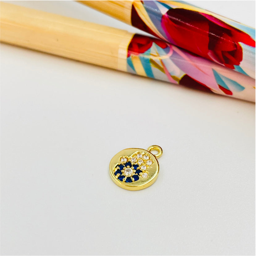 FO989 Colgante Mini Medalla con Mano Fátima con circones cristal y azules Diá. 7 mm más argollita Figura Baño Oro Figuras Bañadas hecho de Bronce Bañado en Oro 18K Joyas Bañadas en Oro