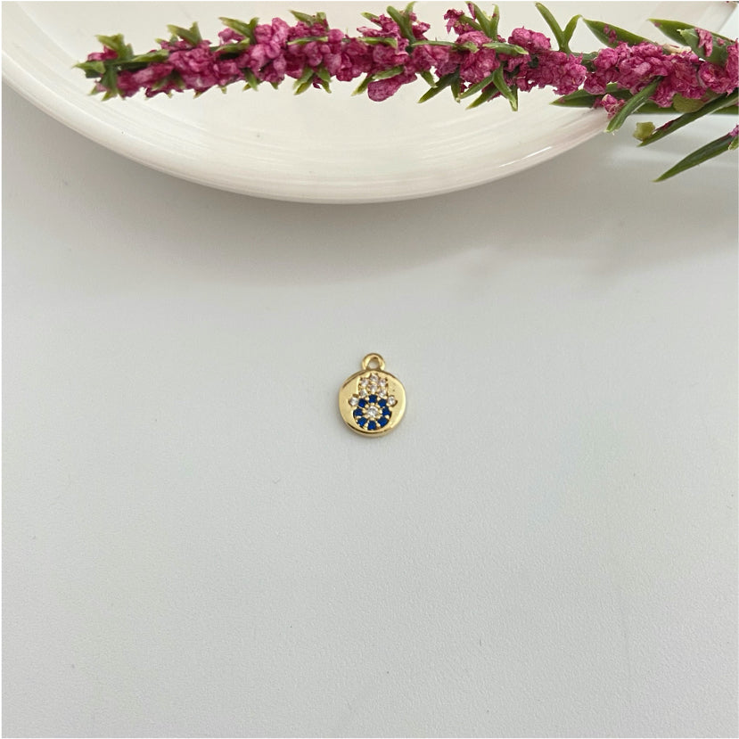 FO989 Colgante Mini Medalla con Mano Fátima con circones cristal y azules Diá. 7 mm más argollita Figura Baño Oro Figuras Bañadas hecho de Bronce Bañado en Oro 18K Joyas Bañadas en Oro