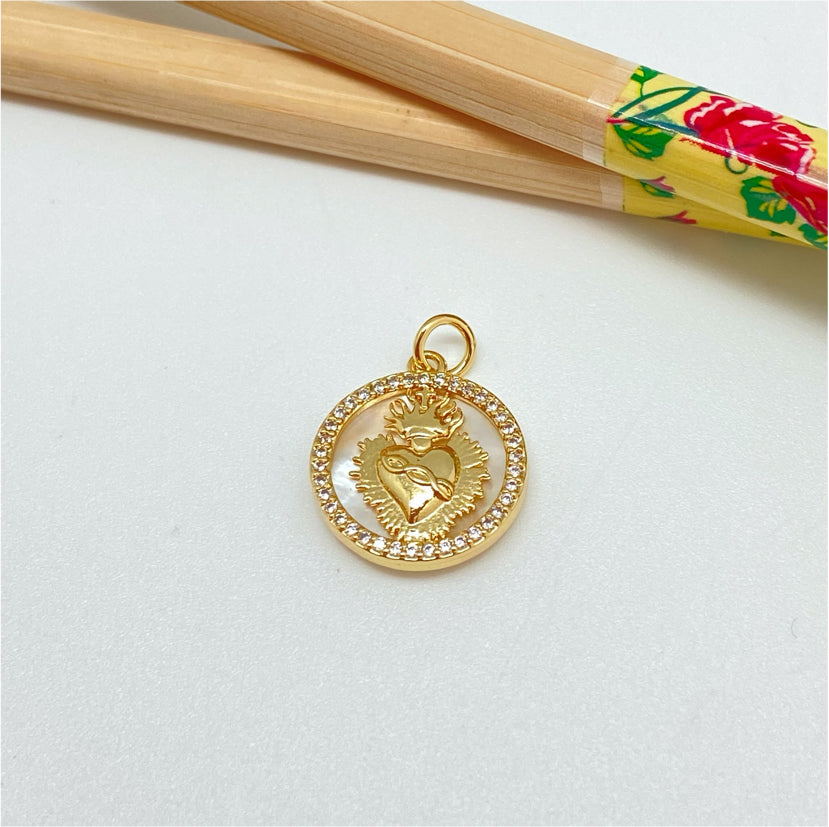 FO991 Colgante Medalla Nácar borde con micro circones y Detente diá. 15.5 mm más argollita y contra argolla espesor 3.5 mm Figura Baño Oro Figuras Bañadas hecho de Bronce Bañado en Oro 18K Joyas Bañadas en Oro