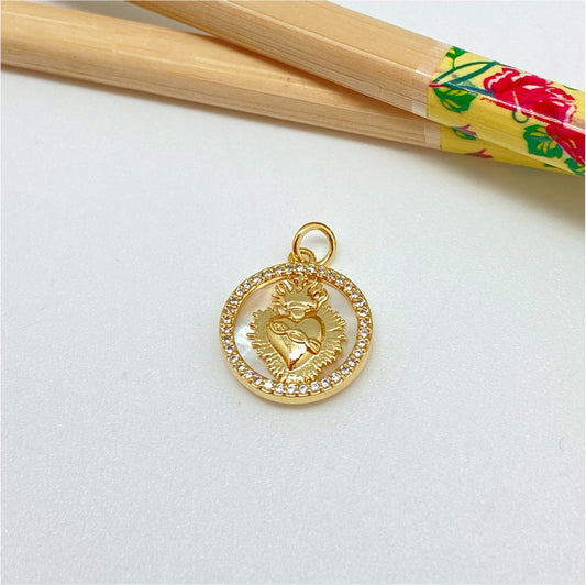 FO991 Colgante Medalla Nácar borde con micro circones y Detente diá. 15.5 mm más argollita y contra argolla espesor 3.5 mm Figura Baño Oro Figuras Bañadas hecho de Bronce Bañado en Oro 18K Joyas Bañadas en Oro