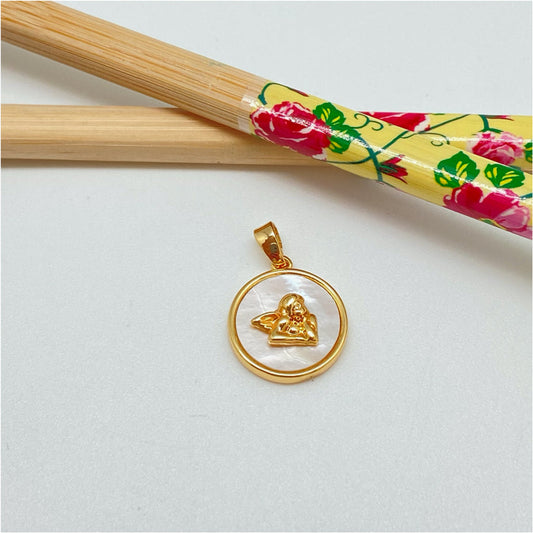 FO994 Colgante Medalla Nácar Borde Liso Ángel en relieve 15 mm más valier Figura Baño Oro Figuras Bañadas hecho de Bronce Bañado en Oro 18K Joyas Bañadas en Oro