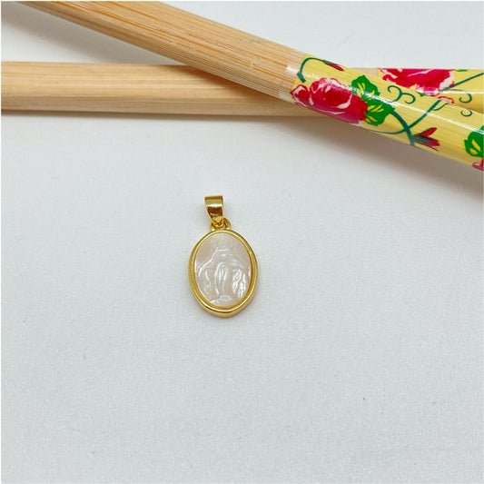 FO997 Colgante Ovalado Virgen de los Rayos o Milagrosa tallada en nácar 13 x 10 mm más valier Figura Baño Oro Figuras Bañadas hecho de Bronce Bañado en Oro 18K Joyas Bañadas en Oro