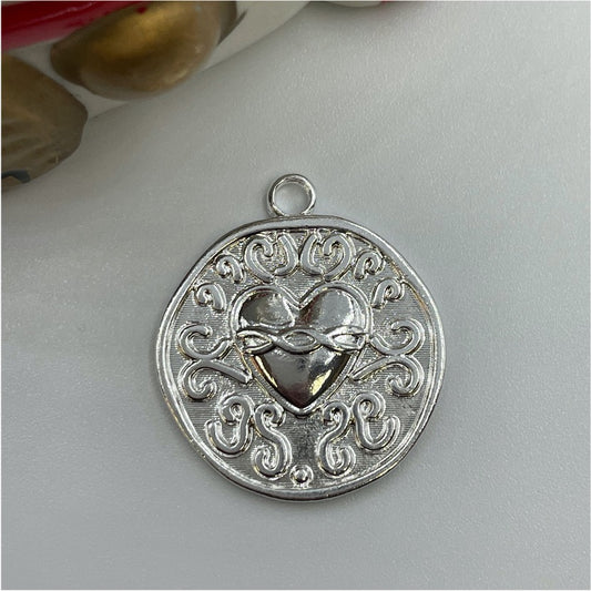 FP742 Medalla Corazón con estampado 23 mm más argollita Figura Baño Plata Figuras Bañadas en Oro y Plata hecho de Bronce Bañado en Plata 50 ml Joyas Bañadas en Plata