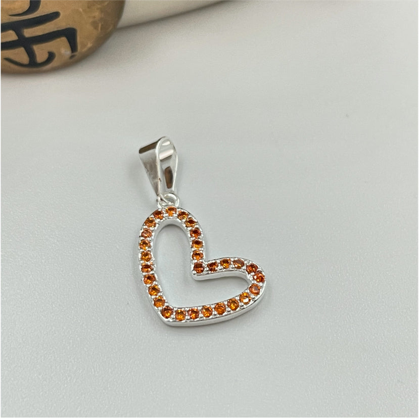 FP775 Colgante Corazón Ladeado Calado con circones Color Naranjo 16x13 mm mas Balier Figura Baño Plata Figuras Bañadas en Oro y Plata hecho de Bronce Bañado en Plata 50 ml