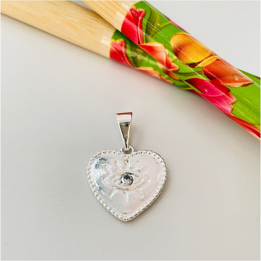 FP865 Colgante Corazón con Ojo Griegocon un circón Borde Reticulado 15x14 mm mas balier Figura Baño Plata Figuras Bañadas en Oro y Plata hecho de Bronce Bañado en Plata 50 ml Joyas Bañadas en Plata