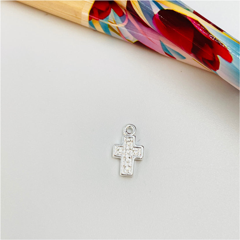 FP948 Colgante Mini Cruz con Circones 10x7 mm más argollita Figura Baño Plata Figuras Bañadas hecho de Bronce Bañado en Plata 50 ml Joyas Bañadas en Plata