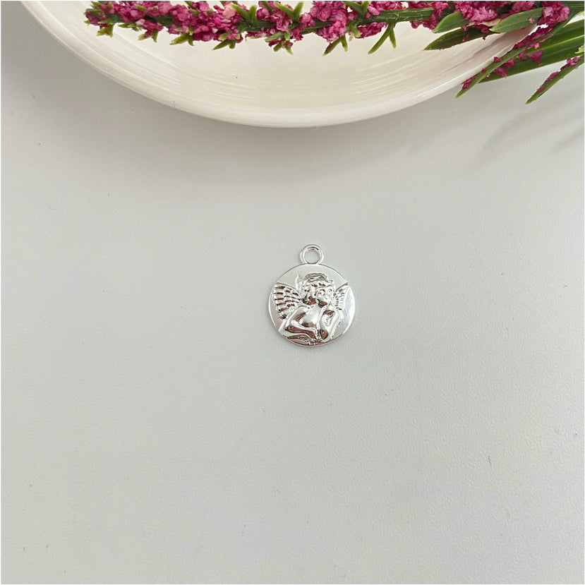 FP986 Colgante Medalla con Ángel en relieve 15 mm más argollita Figura Baño Plata Figuras Bañadas hecho de Bronce Bañado en Plata 50 ml Joyas Bañadas en Plata