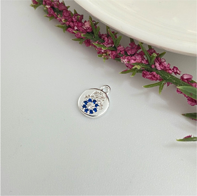 FP989 Colgante Mini Medalla con Mano Fátima con circones cristal y azules Diá. 7 mm más argollita Figura Baño Plata Figuras Bañadas hecho de Bronce Bañado en Plata 50 ml Joyas Bañadas en Plata