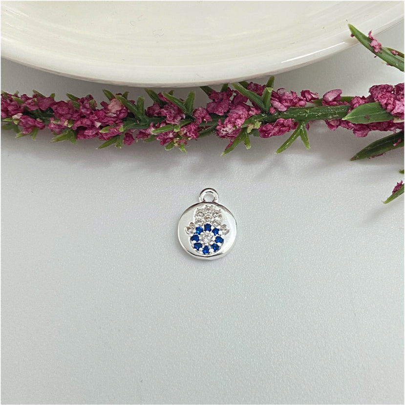 FP989 Colgante Mini Medalla con Mano Fátima con circones cristal y azules Diá. 7 mm más argollita Figura Baño Plata Figuras Bañadas hecho de Bronce Bañado en Plata 50 ml Joyas Bañadas en Plata