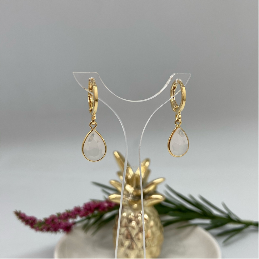 XO102 Argolla Gota Cuarzo Rosa Aro Baño Oro Aros Bañados en Oro y Plata hecho de Bronce Bañado en Oro 18K Joyas Bañadas en Oro