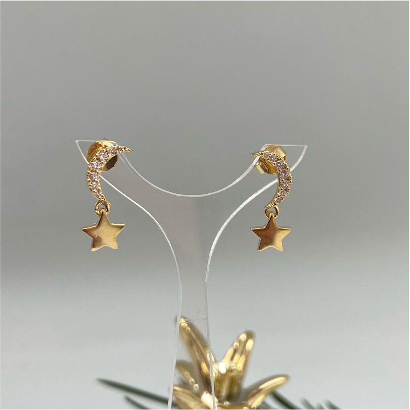 XO107 Aro Estrella Luna Circones Aro Baño Oro Aros Bañados en Oro y Plata hecho de Bronce Bañado en Oro 18K