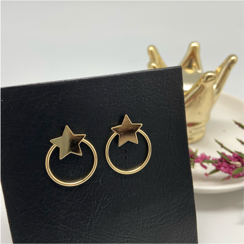 XO134 Aro Argolla Base Estrella de 12 mm y 25x19 mm Aro Baño Oro Aros Bañados en Oro y Plata hecho de Bronce Bañado en Oro 18K Joyas Bañadas en Oro