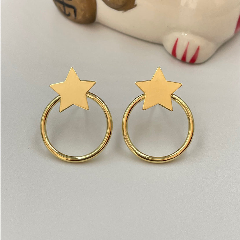 XO134 Aro Argolla Base Estrella de 12 mm y 25x19 mm Aro Baño Oro Aros Bañados en Oro y Plata hecho de Bronce Bañado en Oro 18K Joyas Bañadas en Oro