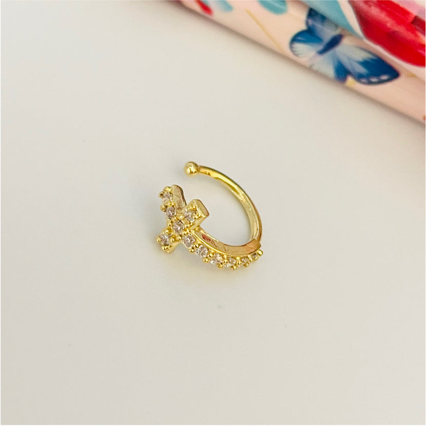 XO181 Cuff Cruz con Circones 10 mm Aro Baño Oro Aros Bañados en Oro y Plata hecho de Bronce Bañado en Oro 18K Joyas Bañadas en Oro