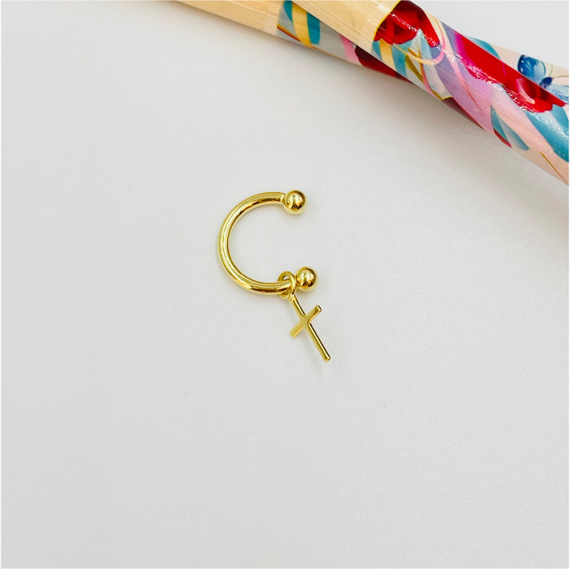 XO202 Cuff Bolitas 3 mm y Mini Cruz Colgante Aro Baño Oro Aros Bañados en Oro y Plata hecho de Bronce Bañado en Oro 18K Joyas Bañadas en Oro