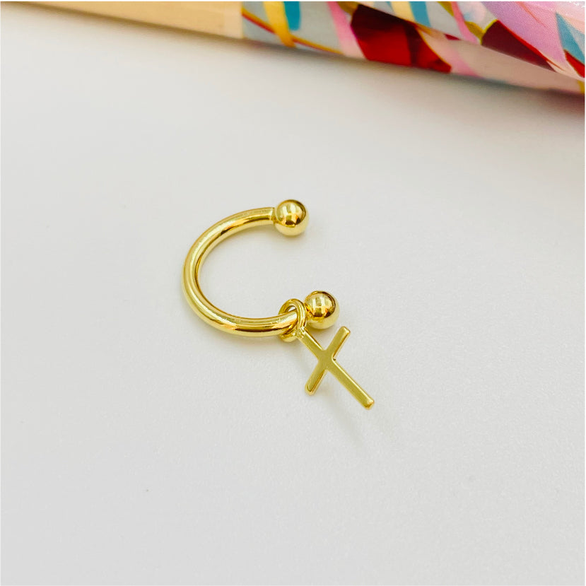 XO202 Cuff Bolitas 3 mm y Mini Cruz Colgante Aro Baño Oro Aros Bañados en Oro y Plata hecho de Bronce Bañado en Oro 18K Joyas Bañadas en Oro