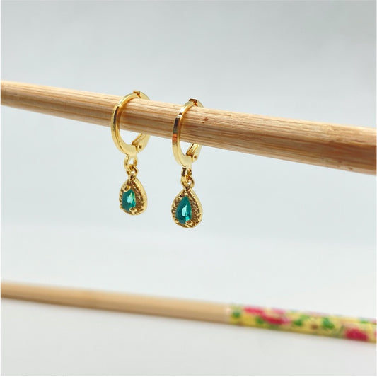 XO235 Aro Argollita con Gota Circón Verde Turmalina Borde craquelado Argolla 12 mm Gota 8x6 mm Aro Baño Plata Aros Bañados hecho de Bronce Bañado en Oro 18K Joyas Bañadas en Oro