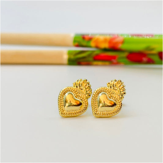XO53 Aro Detente Sagrado Corazón 14x9 mm Aro Baño Oro Aros Bañados en Oro y Plata hecho de Bronce Bañado en Oro 18K Joyas Bañadas en Oro