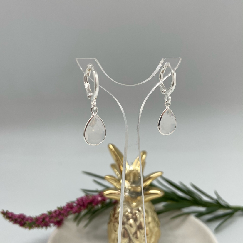 XP102 Argolla Gota Cuarzo Rosa Aro Baño Plata Aros Bañados en Oro y Plata hecho de Bronce Bañado en Plata 50 ml Joyas Bañadas en Plata