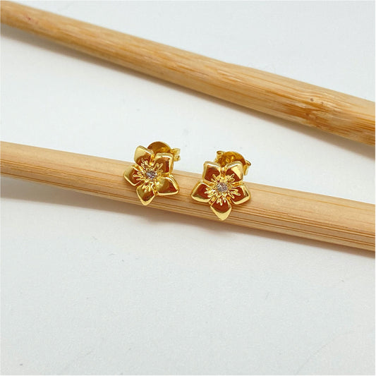 XO281 Aro flor con petalos y 1 circón en el centro 10 mm Aro Baño Oro Aros Bañados hecho de Bronce Bañado en Oro 18K Joyas Bañadas en Oro