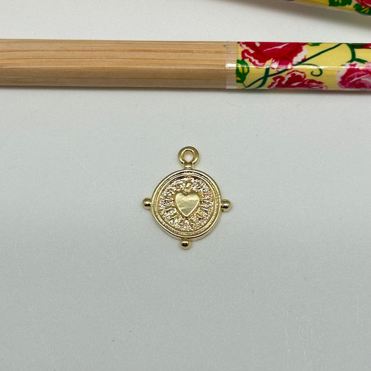FO1029 Colgante medalla corazon y rayitos en relieve 4 bolitas en borde 11 mm mas argollita Figura Baño Oro