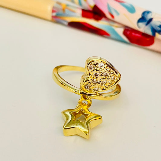 WO39 Anillo Corazón con circones 10 mm y Estrella Calada colgante 10 mm Espesor 4 mm Argolla de 2 mm Anillo Baño Oro Anillos Bañados en Oro y Plata hecho de Bronce Bañado en Oro 18K Joyas Bañadas en Oro