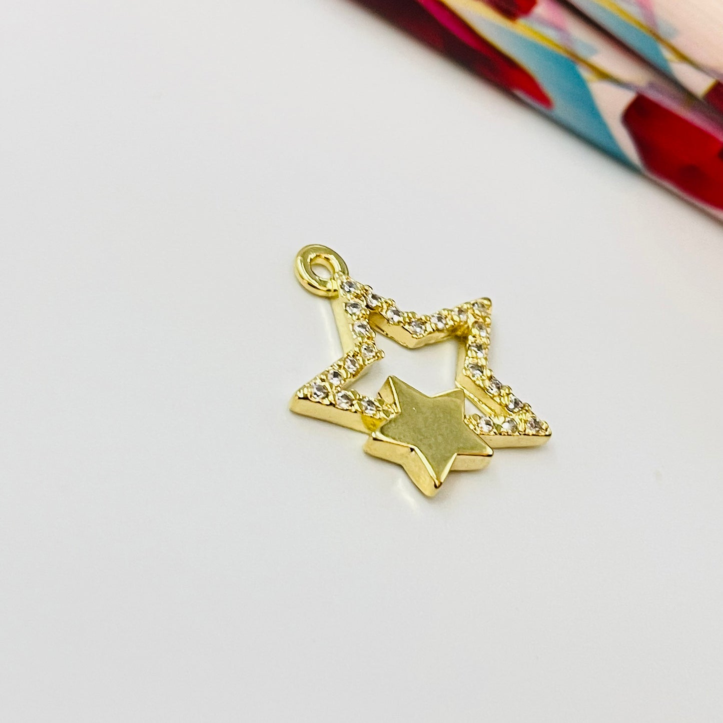 FO906 Colgante Estrella Circones y Mini Estrella Lisa 15x15 mm más argollita Figura Baño Oro